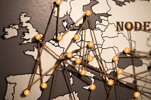 Une carte de l’Europe avec différents lieux épinglés par des épingles Bitcoin et reliés entre eux, un texte node (noeud) montre un réseau de noeuds sur la blockchain..
