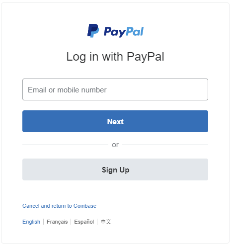 Fenêtre connexion Paypal dans ajouter méthode de paiement du compte Coinbase