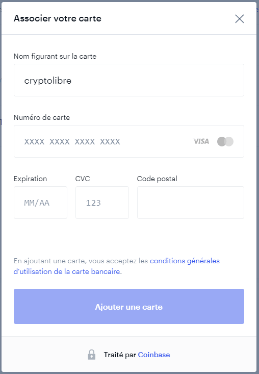 Fenêtre de renseignements de carte bleue dans ajouter méthode de paiement du compte Coinbas