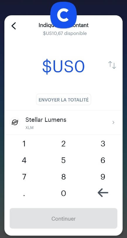 Fenêtre de l'application Coinbase mobile permettant de choisir le montant à envoyer