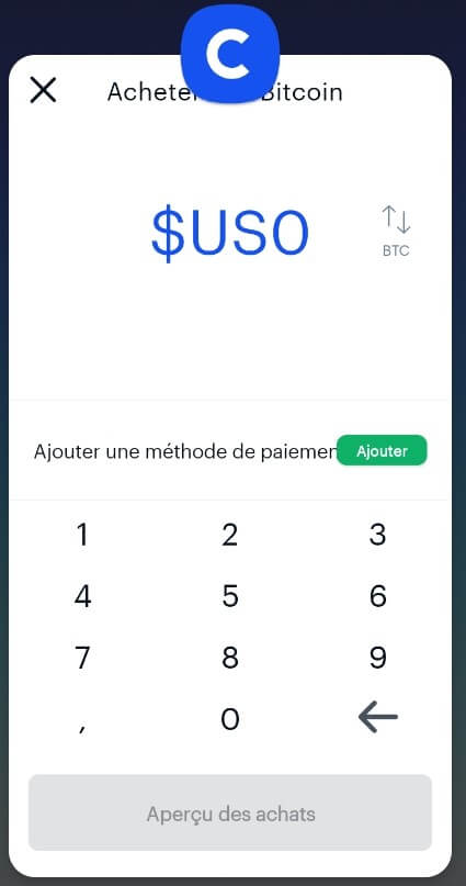 Fenêtre de l'application Coinbase mobile permettant de choisir le montant souhaité dans le menu échanger et acheter