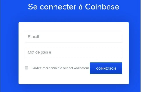 Fenêtre de connexion à la plateforme Coinbase pour taper email et mot de passe.
