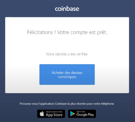 Fenêtre à l'ouverture de l'email de Coinbase signifiant les félicitations de Coinbase et que le compte Coinbase est prêt à être utilisé avec un lien pour accéder au site Coinbase.
